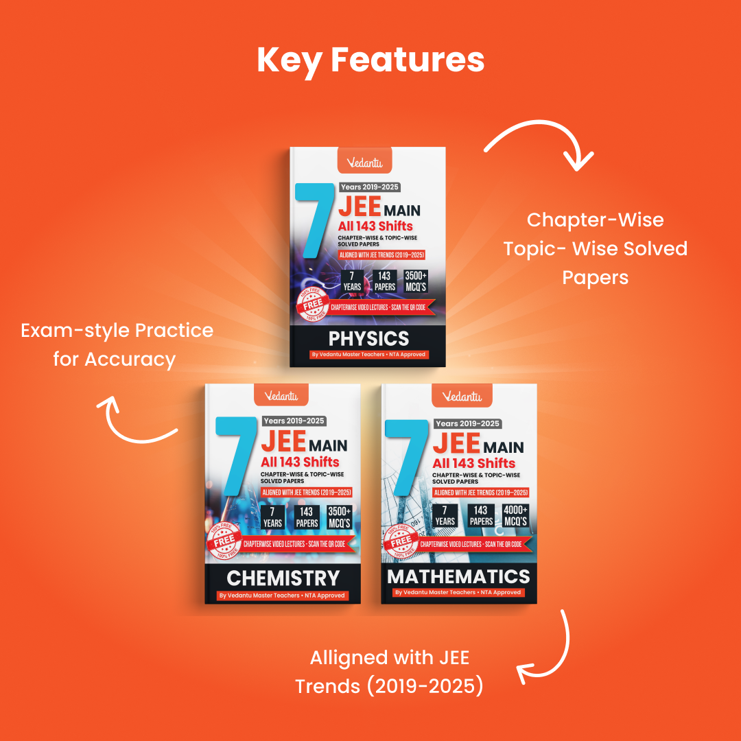 Vedantu JEE Main Physics Chemistry Mathematics PYQ Book Set Of 3 | 7 Years (2019–2025) Solved Papers | 143 Papers, 11000+ MCQs, Chapterwise & Topicwise Solutions | QR Codes for Video Lectures | JEE Exam Prep Book 2026