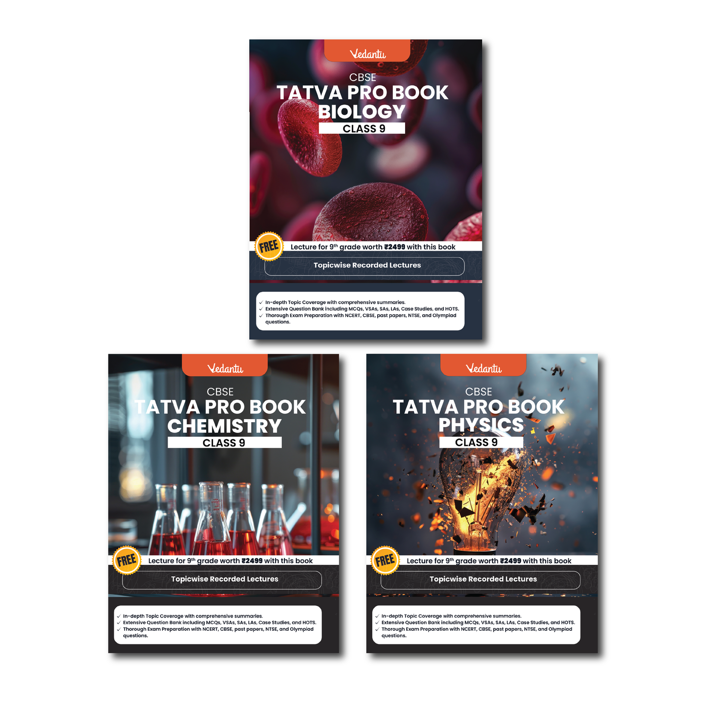 Vedantu Tatva Pro CBSE Class 9 book set – Physics, Chemistry, Biology.