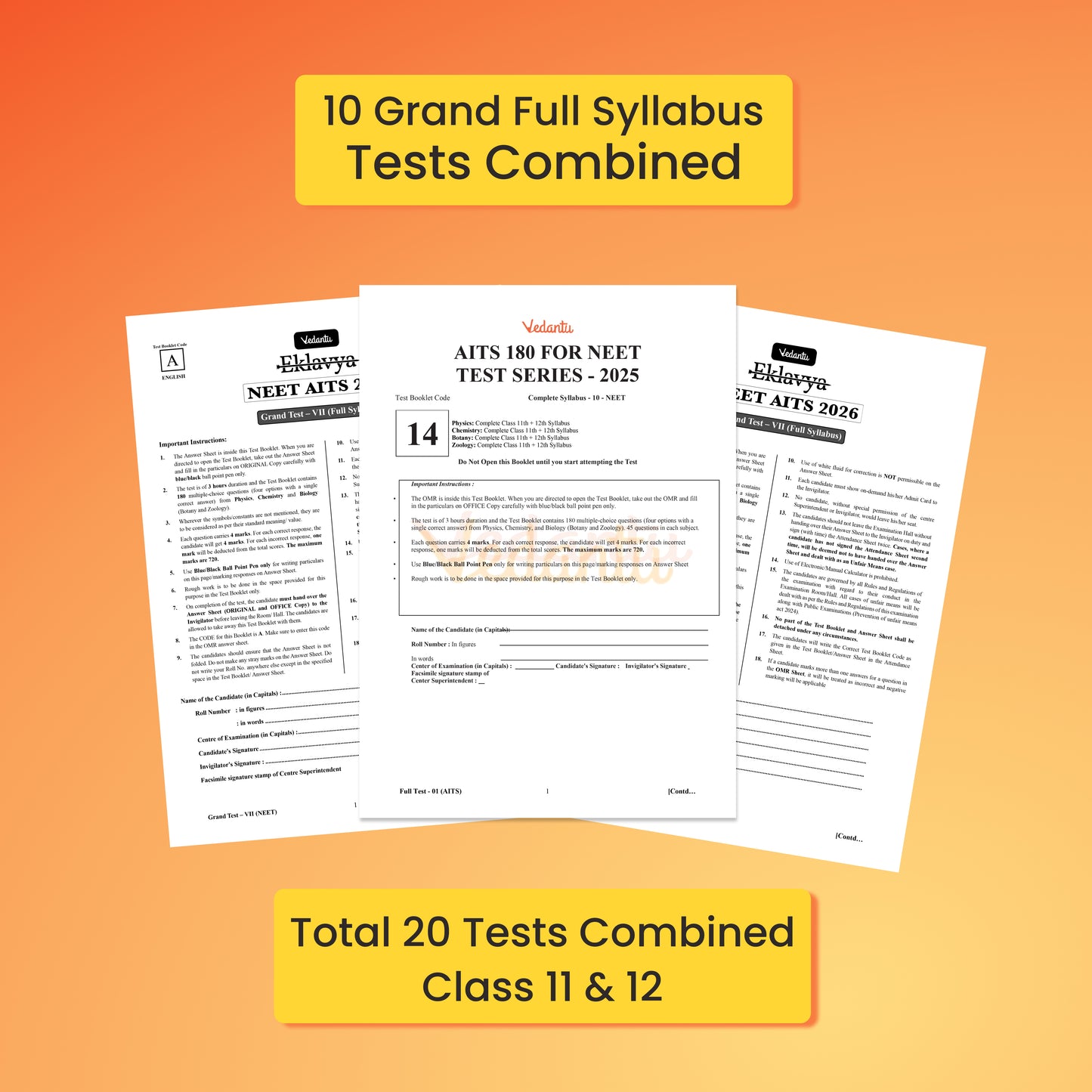 Vedantu NEET AITS 180 2026 | Latest NEET Pattern | 10+2 Full With 8 Part Syllabus Tests for Class 11 & 12 | 3600+ MCQs, 25 OMR Sheets & NCERT-Based Solution Booklet | Crack NEET with Confidence