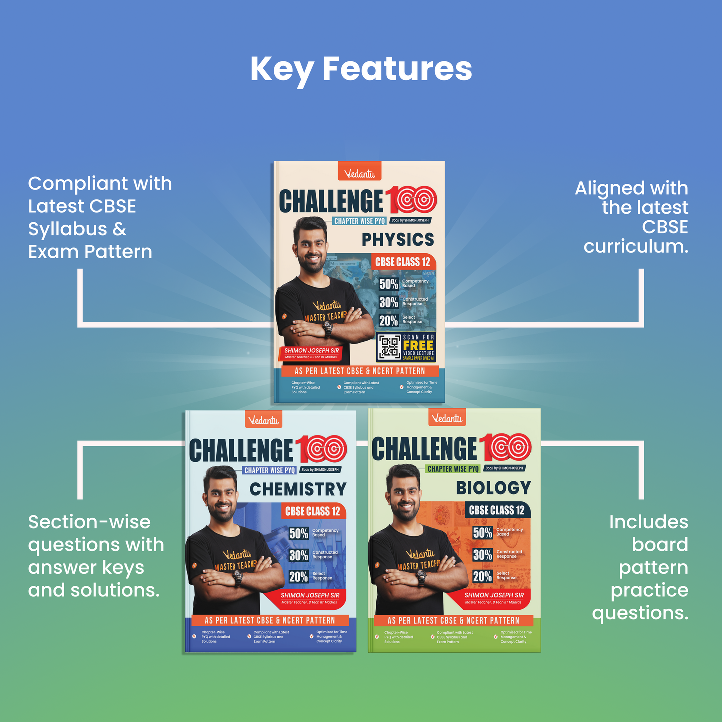 Vedantu Challenge 100 CBSE Class 12 Chapter-Wise PYQ Combo Set (Physics, Chemistry & Biology) | Previous Year Questions with Detailed Solutions | Latest CBSE Pattern | Board Exam 2026-27