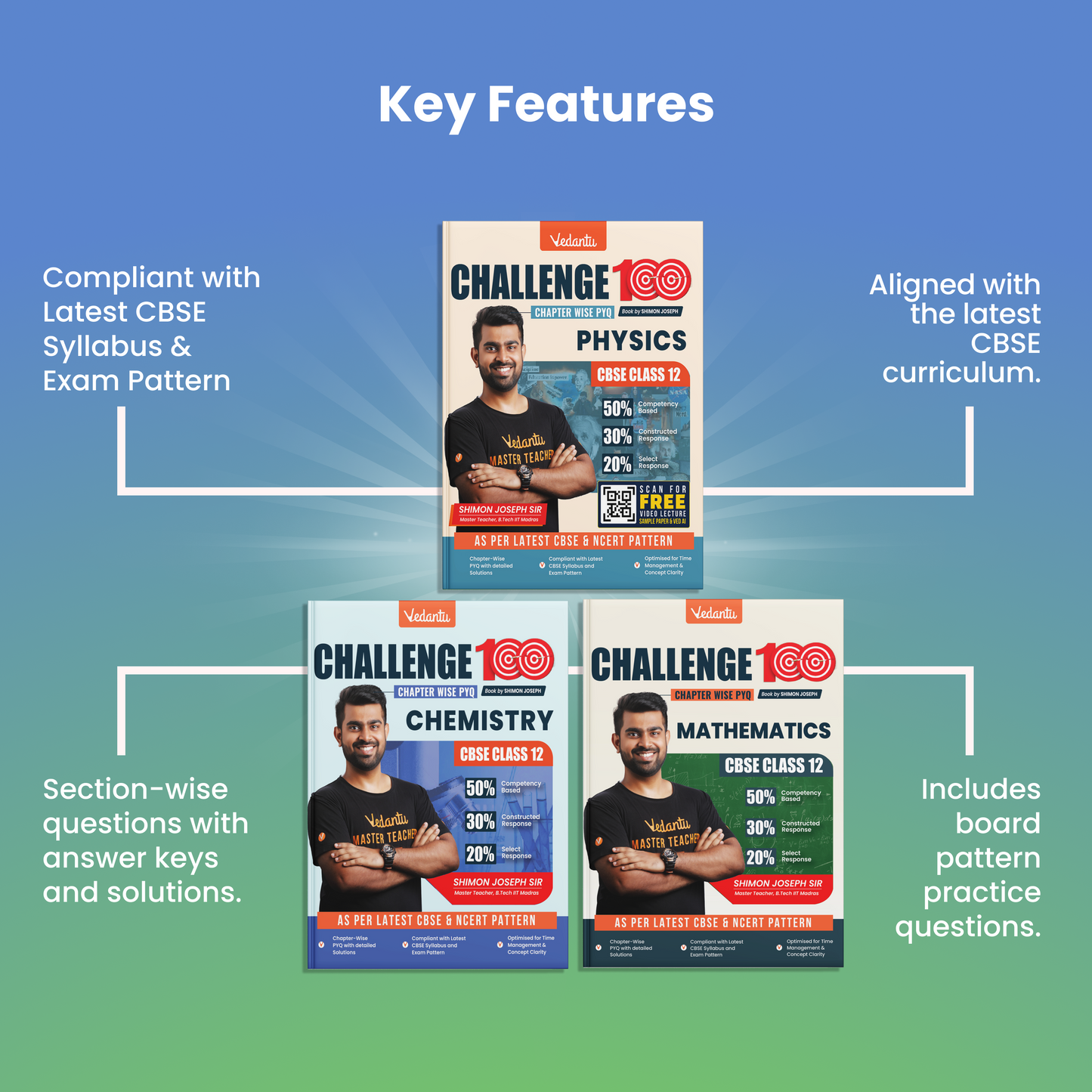 Vedantu Challenge 100 CBSE Class 12 Chapter-Wise PYQ Combo Set (Physics, Chemistry & Mathematics) | Previous Year Questions with Detailed Solutions | Based on Latest CBSE Pattern | Board Exam 2026-27