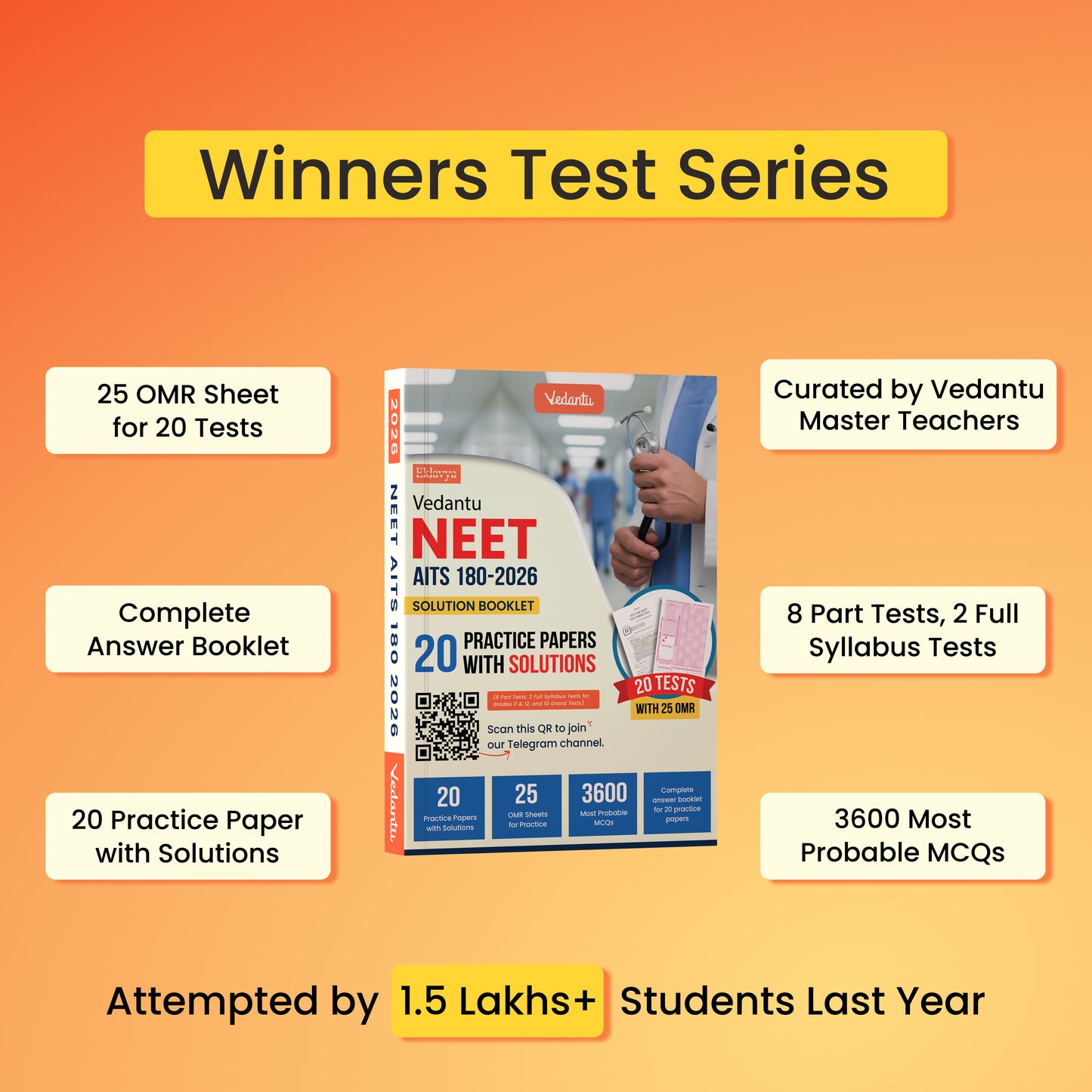 Vedantu NEET AITS 180 2026 | Latest NEET Pattern | 10+2 Full With 8 Part Syllabus Tests for Class 11 & 12 | 3600+ MCQs, 25 OMR Sheets & NCERT-Based Solution Booklet | Crack NEET with Confidence