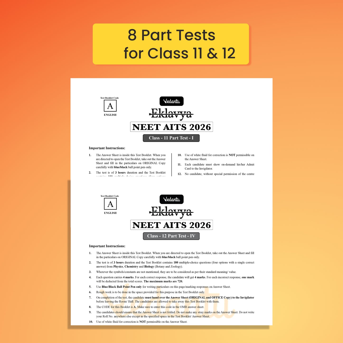 Vedantu NEET AITS 180 2026 | Latest NEET Pattern | 10+2 Full With 8 Part Syllabus Tests for Class 11 & 12 | 3600+ MCQs, 25 OMR Sheets & NCERT-Based Solution Booklet | Crack NEET with Confidence