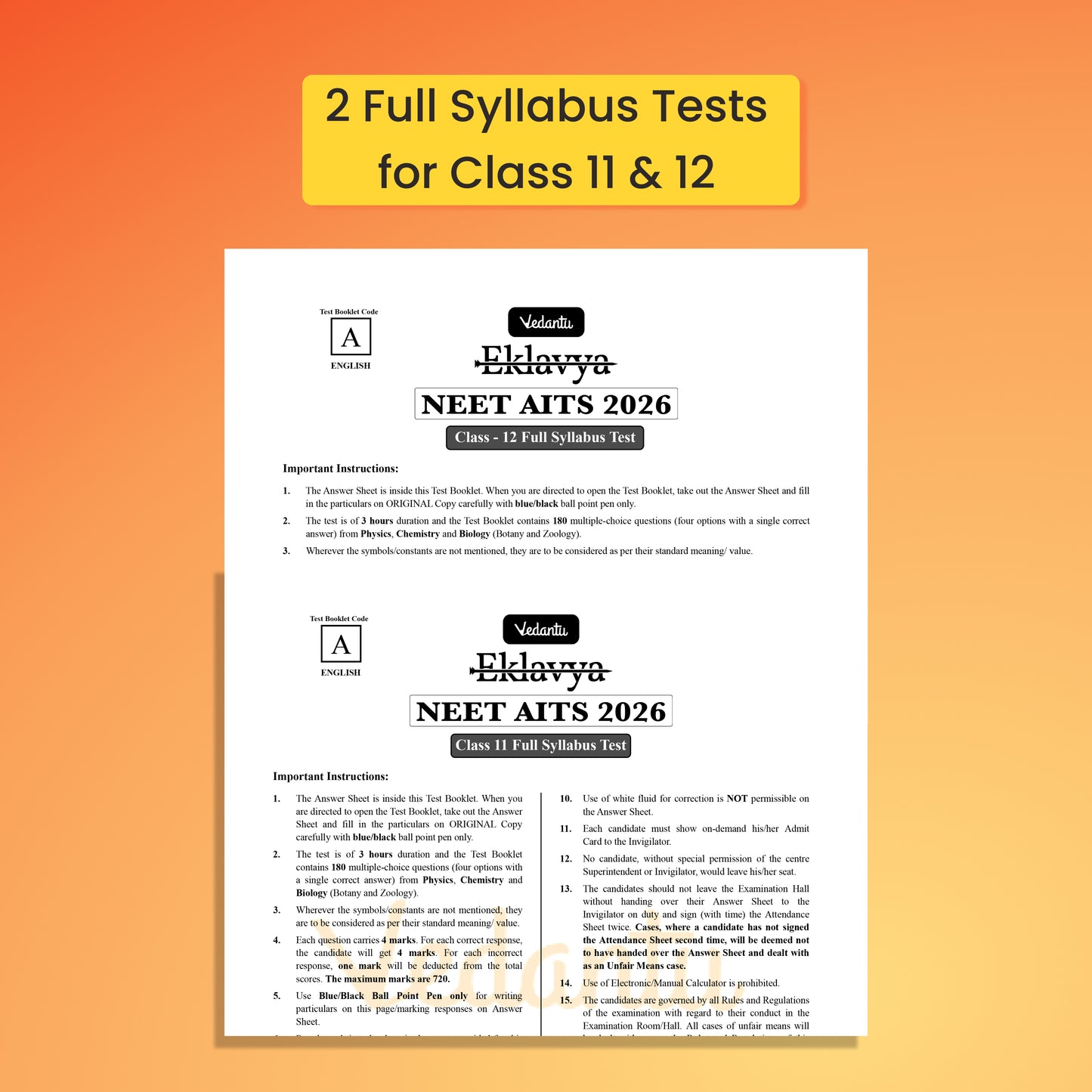 Vedantu NEET AITS 180 2026 | Latest NEET Pattern | 10+2 Full With 8 Part Syllabus Tests for Class 11 & 12 | 3600+ MCQs, 25 OMR Sheets & NCERT-Based Solution Booklet | Crack NEET with Confidence