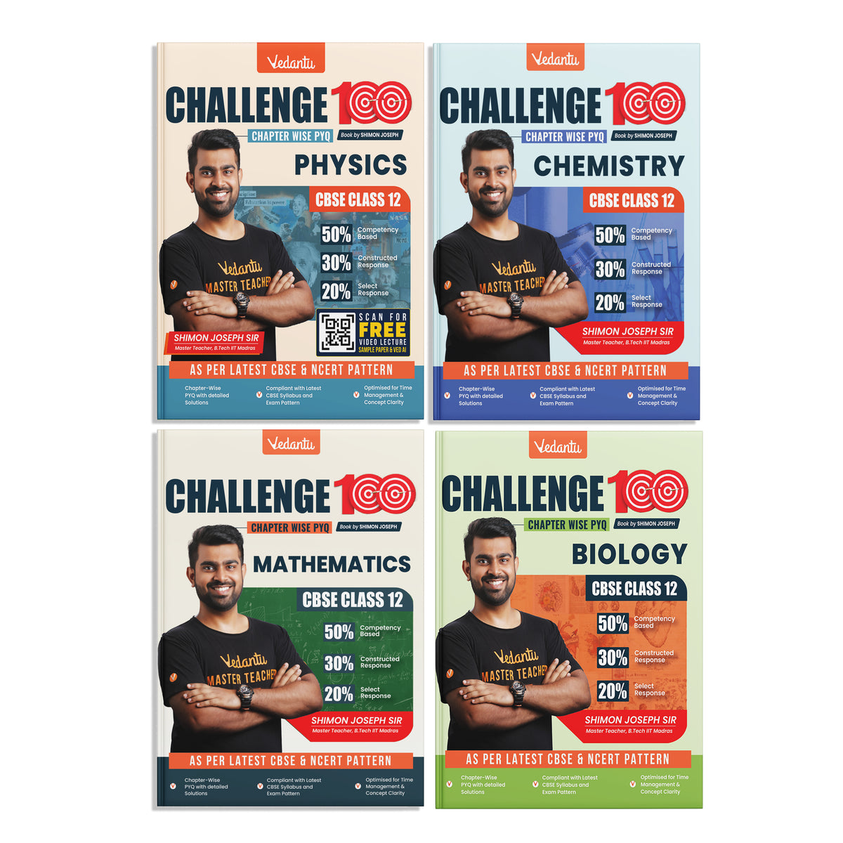 Vedantu Challenge 100 CBSE Class 12 PCMB Combo Books | Physics, Chemistry, Mathematics & Biology Chapterwise PYQs with Detailed Solutions | Latest CBSE & NCERT Pattern | Set of 4 Books