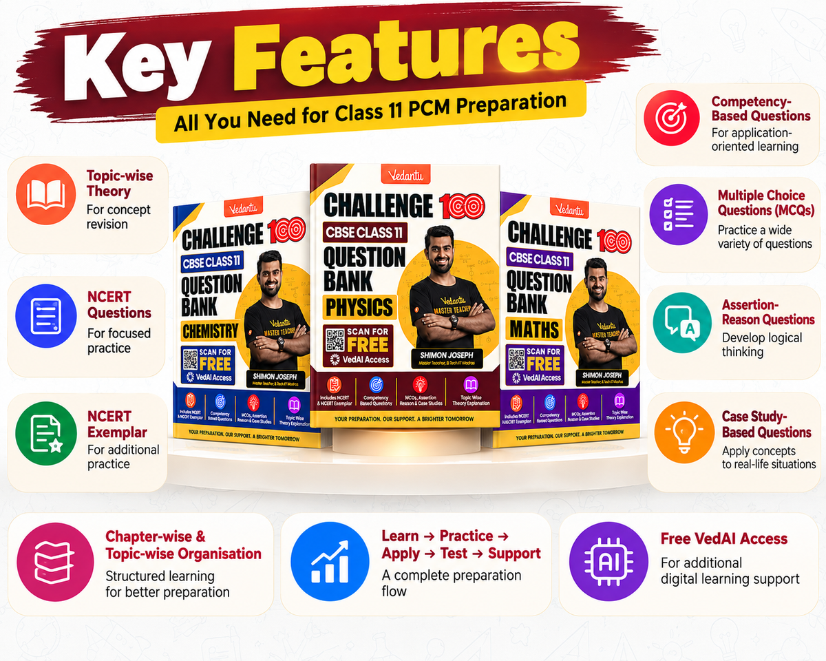 Vedantu Challenge 100 CBSE Class 11 Physics, Chemistry & Maths Question Bank Combo | NCERT & NCERT Exemplar | Competency-Based Questions, MCQs, Assertion-Reason & Case Studies | Free VedAI Access | By Shimon Joseph