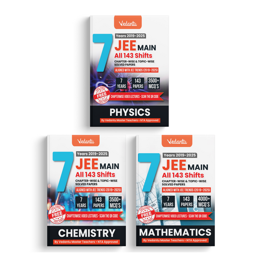 Vedantu JEE Main Physics Chemistry Mathematics PYQ Book Set Of 3 | 7 Years (2019–2025) Solved Papers | 143 Papers, 11000+ MCQs, Chapterwise & Topicwise Solutions | QR Codes for Video Lectures | JEE Exam Prep Book 2026