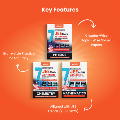 Vedantu JEE Main Physics Chemistry Mathematics PYQ Book Set Of 3 | 7 Years (2019–2025) Solved Papers | 143 Papers, 11000+ MCQs, Chapterwise & Topicwise Solutions | QR Codes for Video Lectures | JEE Exam Prep Book 2026