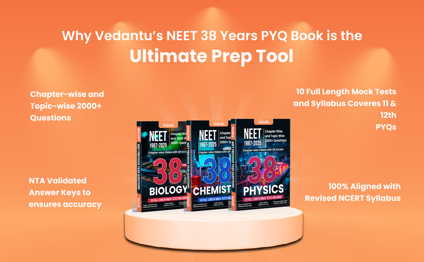 Vedantu 38 Years NEET Physics, Chemistry & Biology (1987–2025) Previous Year Questions Books Set Of 3 | Chapter & Topic Wise PYQs | 6000+ Questions, QR Video Solutions, 10 Mock Tests Each | NCERT Based for 2026 Exam