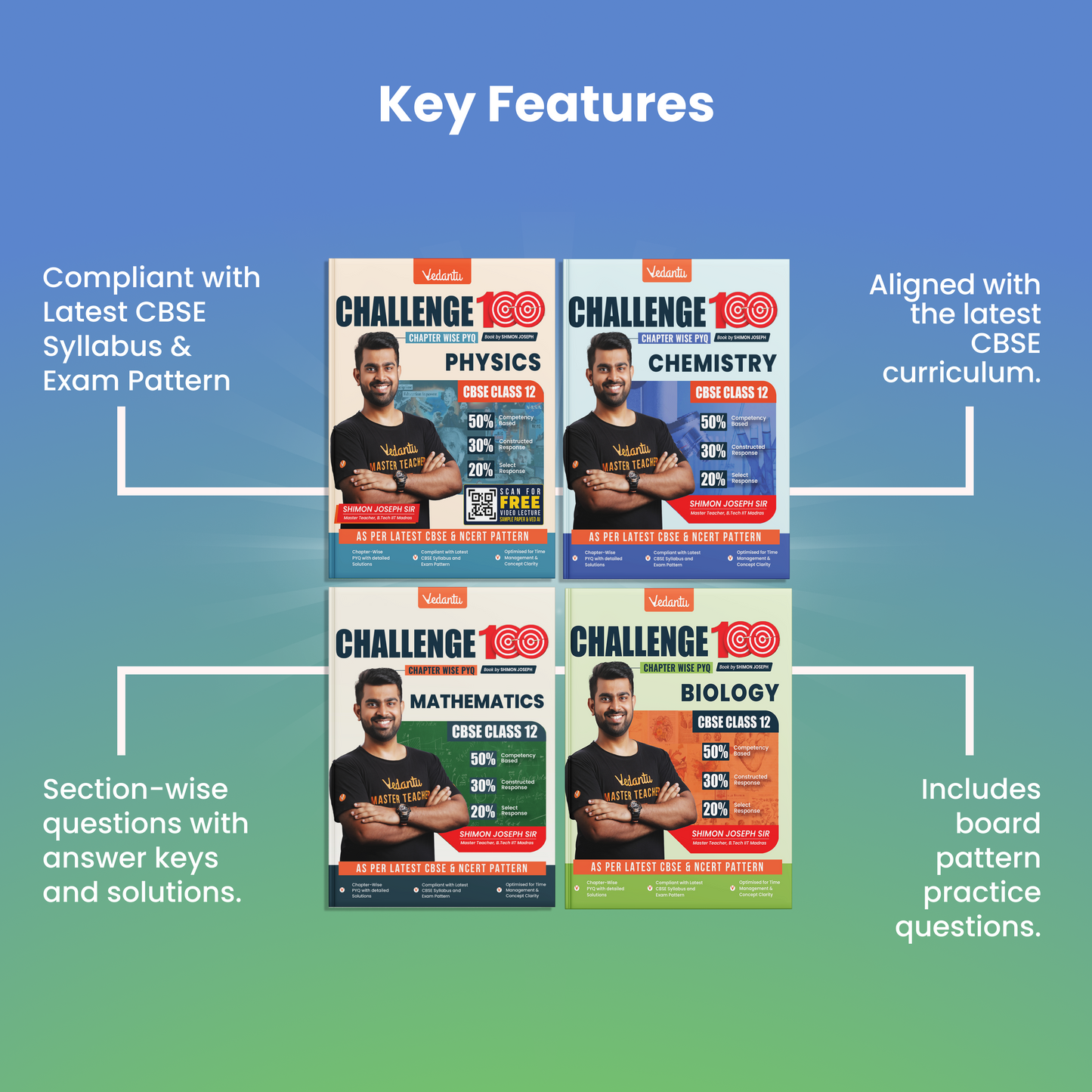 Vedantu Challenge 100 CBSE Class 12 PCMB Combo Books | Physics, Chemistry, Mathematics & Biology Chapterwise PYQs with Detailed Solutions | Latest CBSE & NCERT Pattern | Set of 4 Books