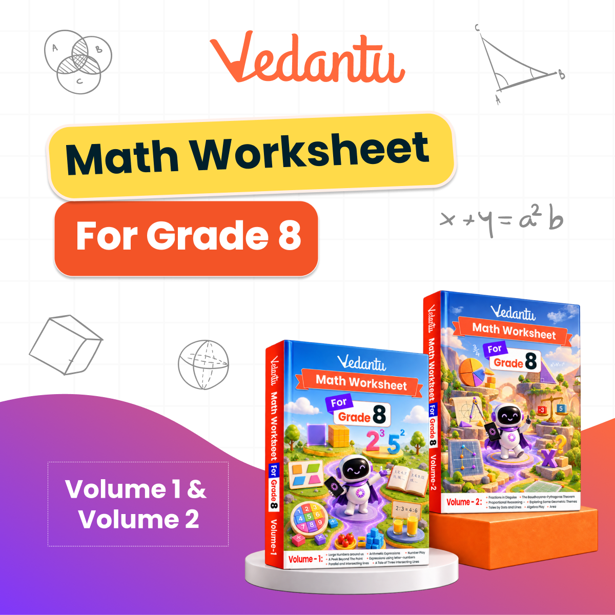 Vedantu Class 8 Maths & Science Practice Worksheet Books Combo | Set of 4 (Vol 1 & 2 Each) | CBSE Curriculum Aligned | Chapter-Wise Exercises, Interactive Activities, Concept Revision & Tests | Compatible with Vedantu LearnTab