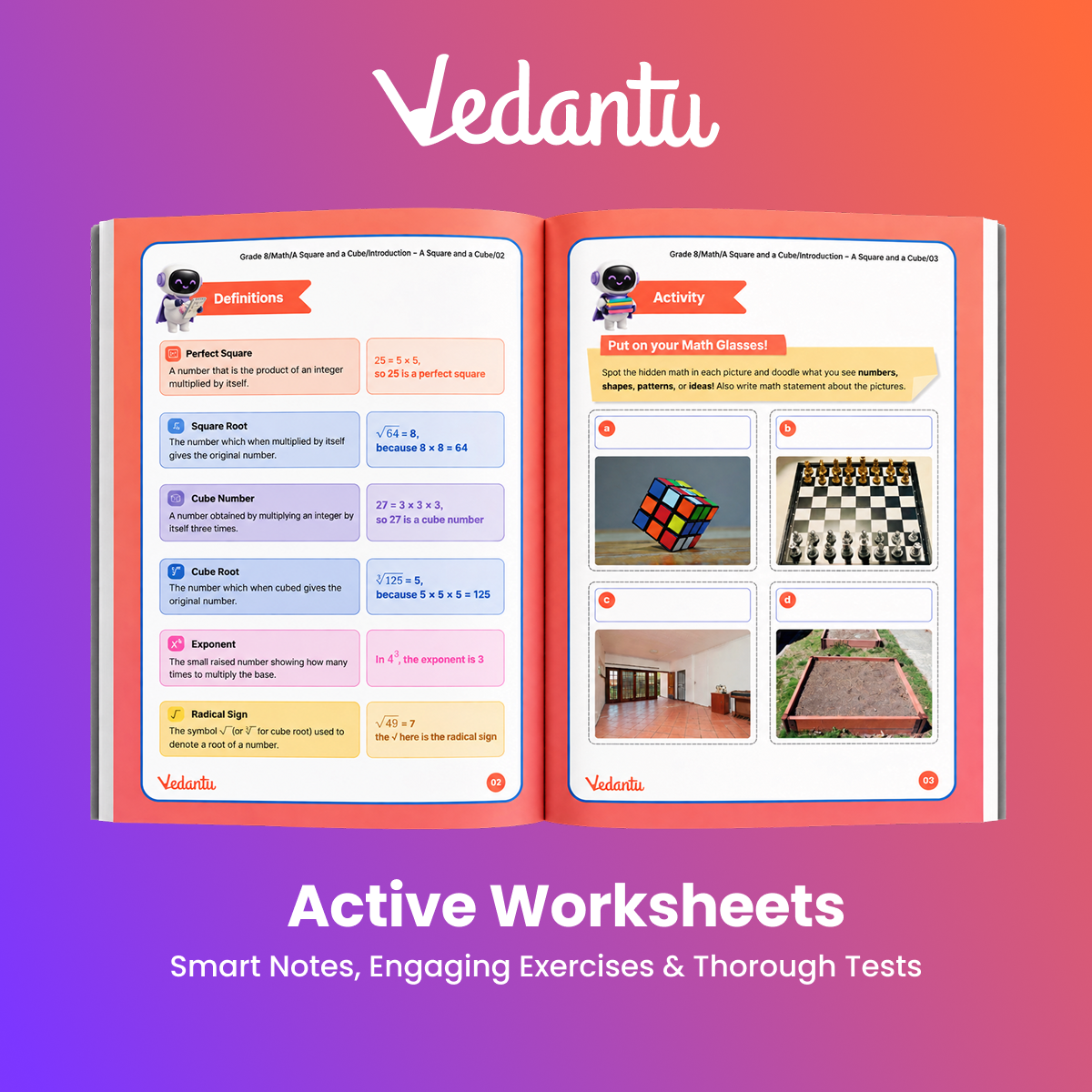 Vedantu Class 8 Maths & Science Practice Worksheet Books Combo | Set of 4 (Vol 1 & 2 Each) | CBSE Curriculum Aligned | Chapter-Wise Exercises, Interactive Activities, Concept Revision & Tests | Compatible with Vedantu LearnTab