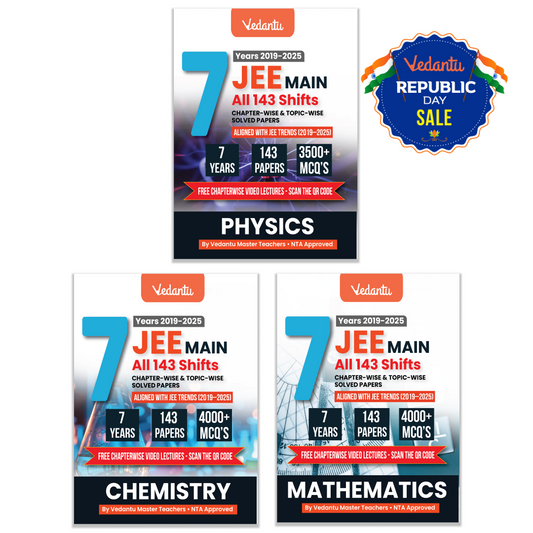 Vedantu JEE Main Physics Chemistry Mathematics PYQ Book Set Of 3 | 7 Years (2019–2025) Solved Papers | 143 Papers, 11000+ MCQs, Chapterwise & Topicwise Solutions | QR Codes for Video Lectures | JEE Exam Prep Book 2026