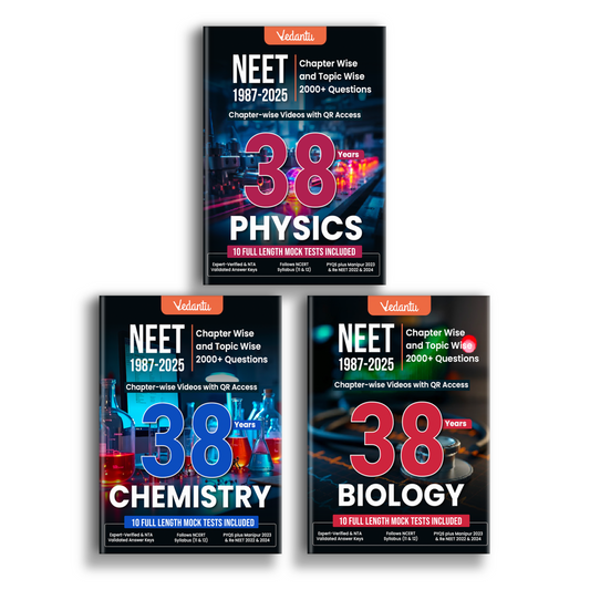 Vedantu 38 Years NEET Physics, Chemistry & Biology (1987–2025) Previous Year Questions Books Set Of 3 | Chapter & Topic Wise PYQs | 6000+ Questions, QR Video Solutions, 10 Mock Tests Each | NCERT Based for 2026 Exam