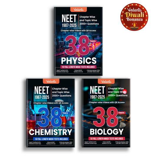 Vedantu 38 Years NEET Physics, Chemistry & Biology (1987–2025) Previous Year Questions Books Set Of 3 | Chapter & Topic Wise PYQs | 6000+ Questions, QR Video Solutions, 10 Mock Tests Each | NCERT Based for 2026 Exam