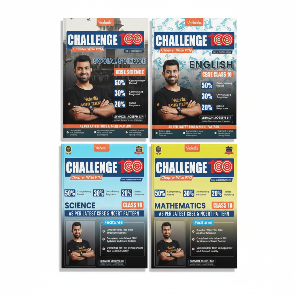 Four educational book covers for Class 10 subjects including Social Science, English, Science, and Mathematics with a brand logo on a white background.
