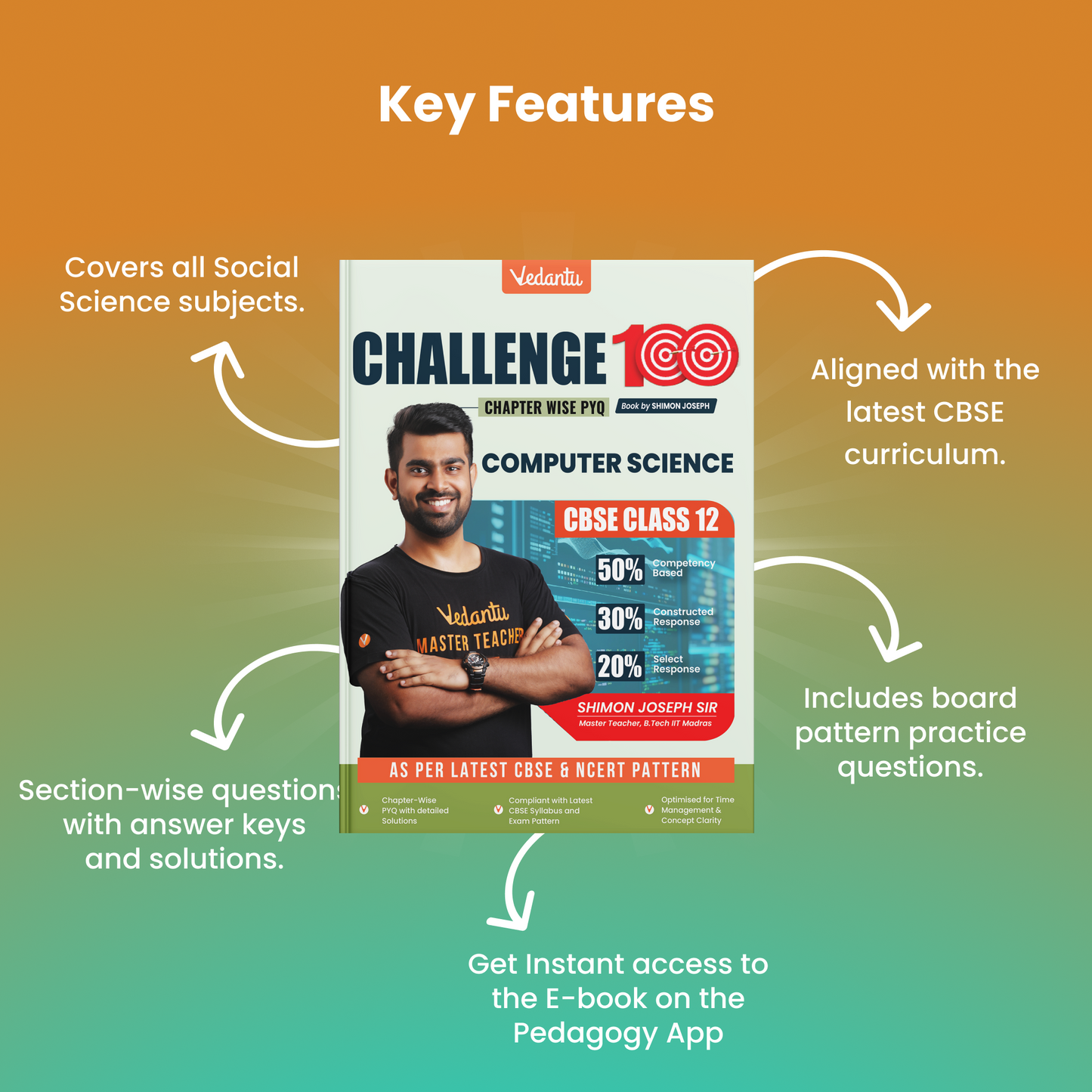 Vedantu Challenge 100 – CBSE Class 12 Computer Science Book | Section-wise MCQs, Short & Long Questions, PYQs with Step-by-Step Python Solutions | Complete Exam Prep as per Latest CBSE Pattern | By Shimon Joseph