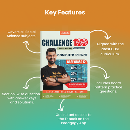 Vedantu Challenge 100 – CBSE Class 12 Computer Science Book | Section-wise MCQs, Short & Long Questions, PYQs with Step-by-Step Python Solutions | Complete Exam Prep as per Latest CBSE Pattern | By Shimon Joseph