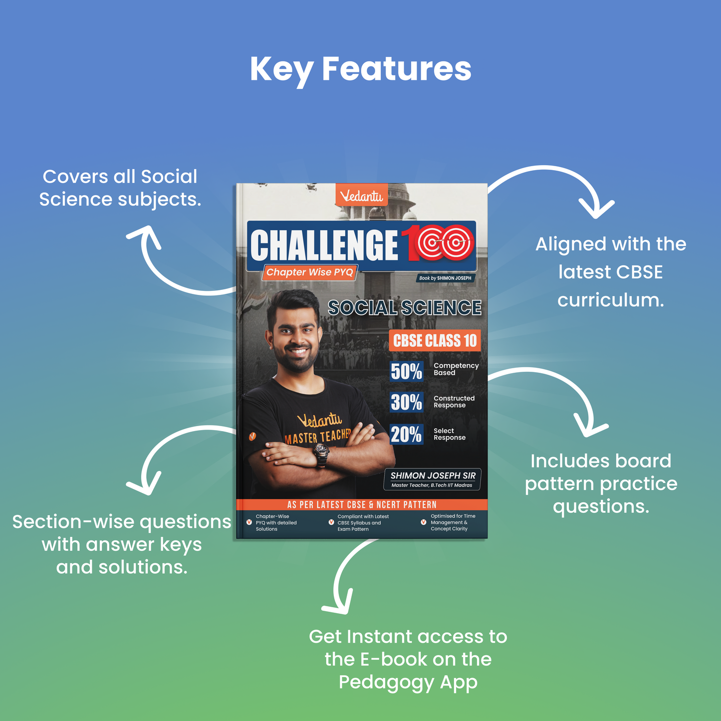 Vedantu Challenge 100 Social Science Class 10 Book | By Shimon Joseph | Latest CBSE Syllabus | Chapter-wise PYQs with Detailed Solutions | Competency-Based MCQs, Maps & Diagram Questions