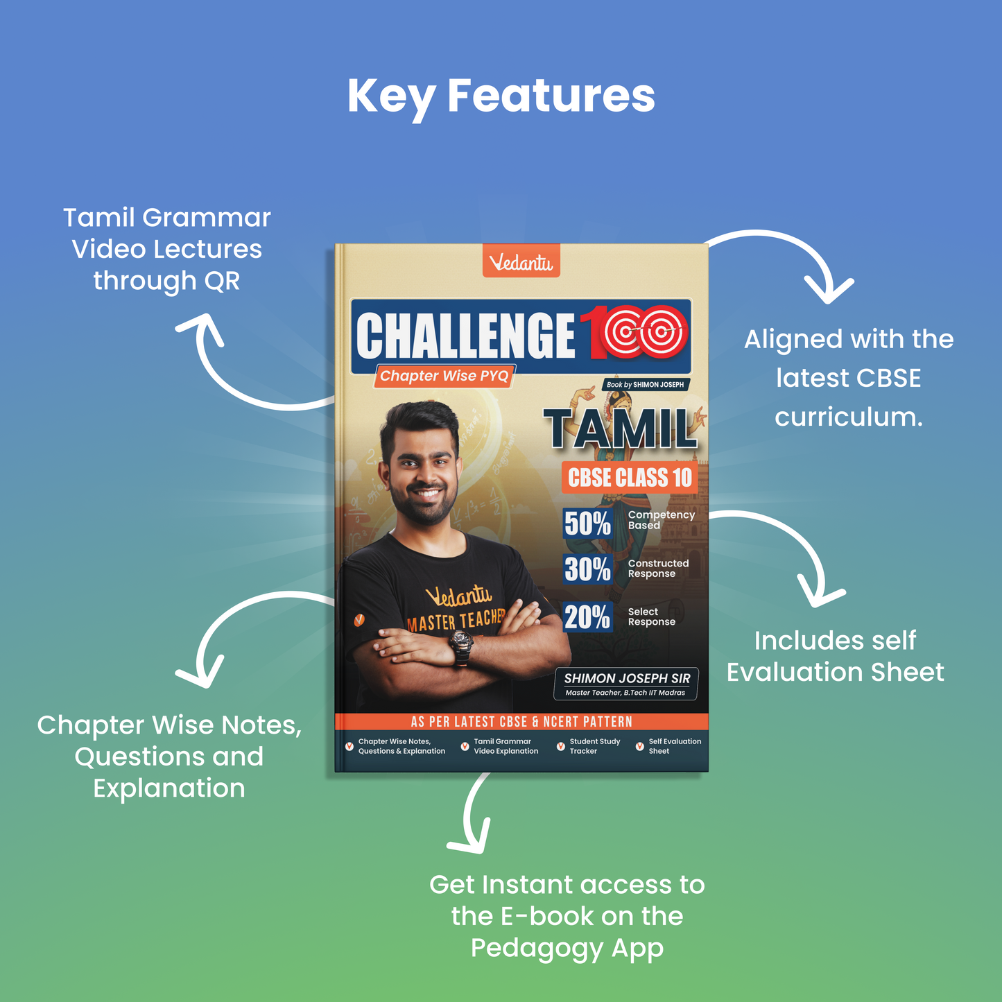 Vedantu Challenge 100 Tamil Class 10 | By Shimon Joseph | Latest CBSE Syllabus | Chapter-wise Notes, Questions & Detailed Solutions | Grammar Video Lessons via QR | Competency-Based Pattern | Study Tracker & Self-Evaluation Sheets