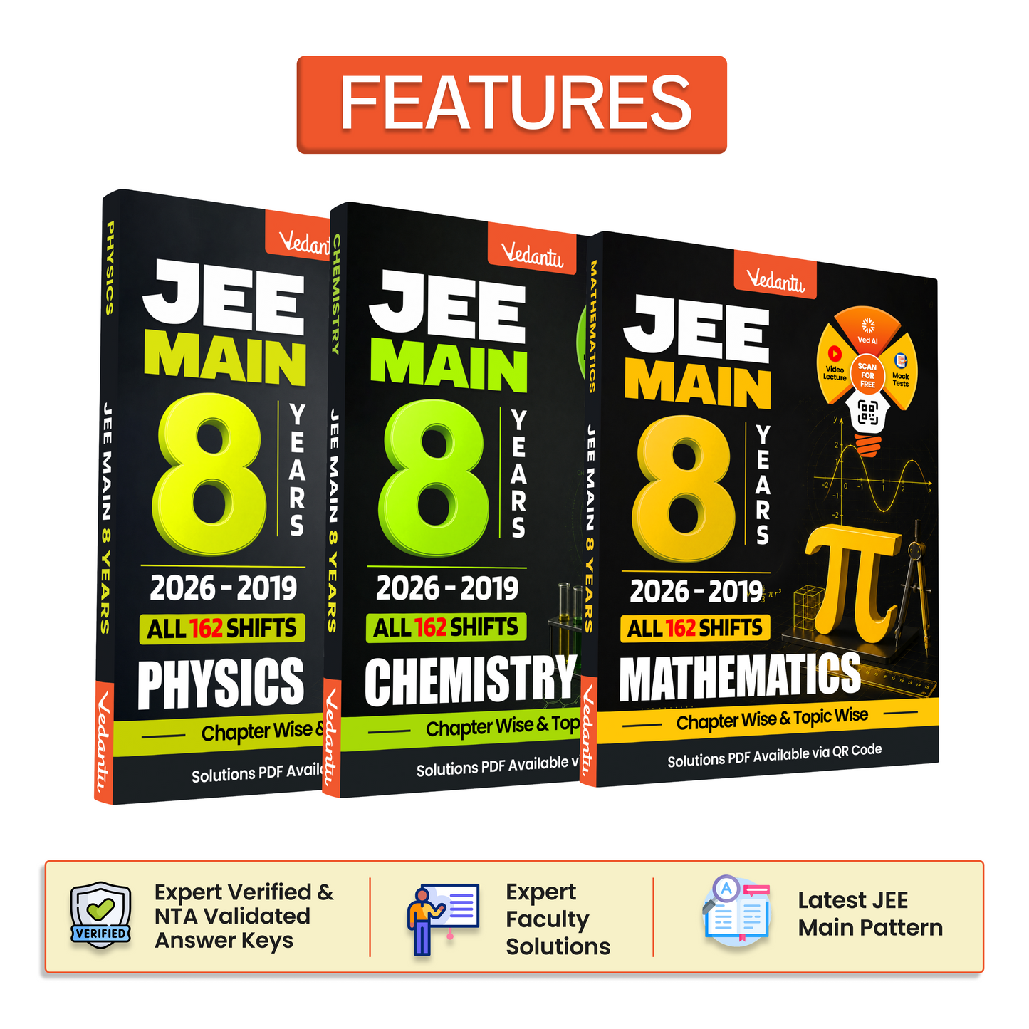 Vedantu JEE Main 8 Years Chapterwise & Topicwise PYQ Books 2026–2019 | Physics, Chemistry & Mathematics Combo | All 162 Shifts with Answer Keys & QR Code Solutions | Set of 3