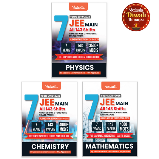 Vedantu JEE Main Physics Chemistry Mathematics PYQ Book Set Of 3 | 7 Years (2019–2025) Solved Papers | 143 Papers, 11000+ MCQs, Chapterwise & Topicwise Solutions | QR Codes for Video Lectures | JEE Exam Prep Book 2026
